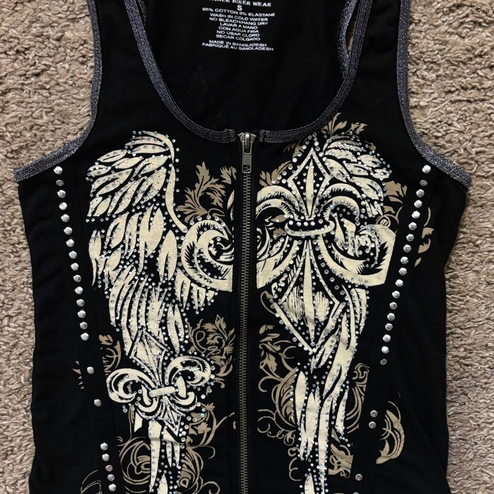 Vintage Y2k Vance Biker Wear Tank Top Womans S Full Zip Double Sided Rhinestone - Picture 5 of 13